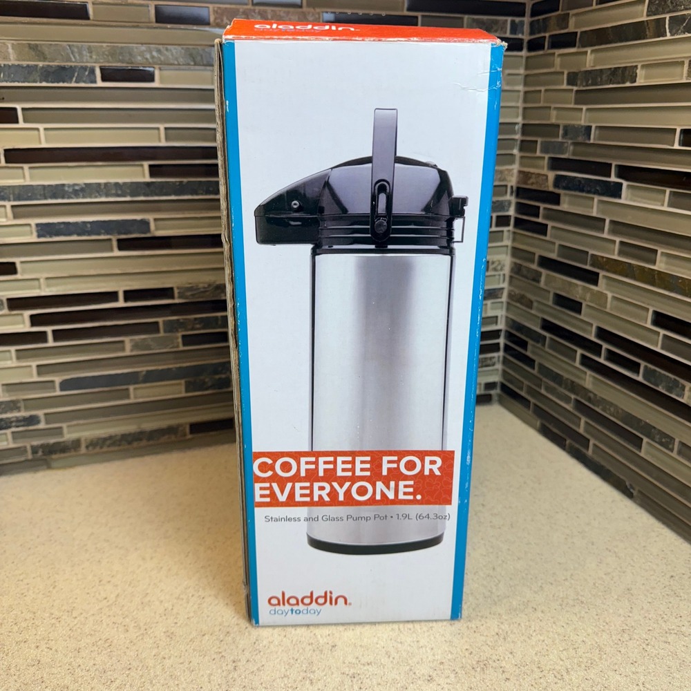 New Aladdin Stainless Glass Pump Pot 1.9L 64.3oz Coffee Airpot with Handle NOB